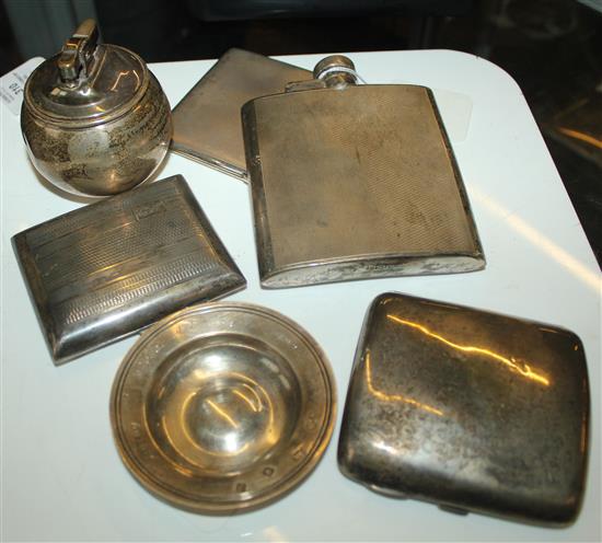 Silver engine-turned hip flask, 3 silver cigarette cases & presentation silver ashtray & plated table lighter to Capt T Laing (RA)